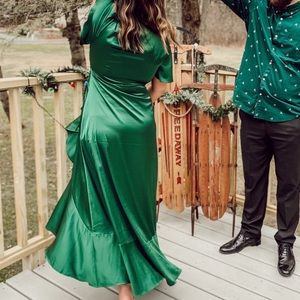 Green high low satin dress